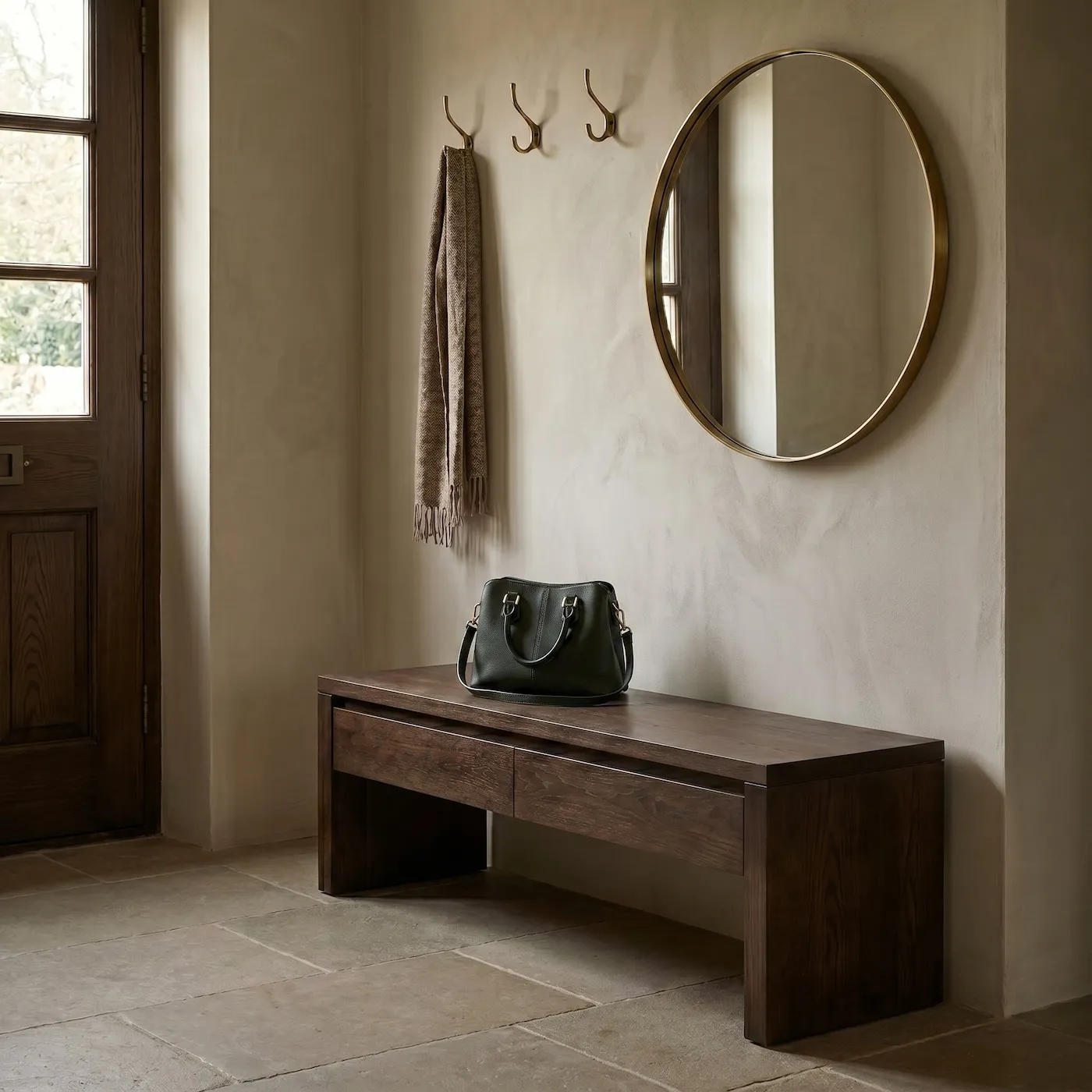 Bespoke oak entryway bench with simple proportions in a refined hallway.